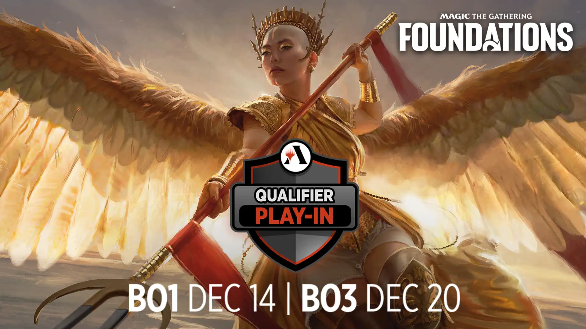 Angel in gold and white, wearing a gold crown and wielding a trident with the Play-In emblem and the text Bo1 Dec 14 and Bo3 Dec 20