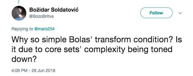 Why so simple Bolas' transform condition? Is it due to core sets' complexity being toned down?