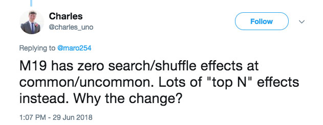 M19 has zero search/shuffle effects at common/uncommon. Lots of "top N" effects instead. Why the change?