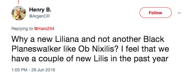 Why a new Liliana and not another Black Planeswalker like Ob Nixilis? I feel that we have a couple of new Lilis in the past year