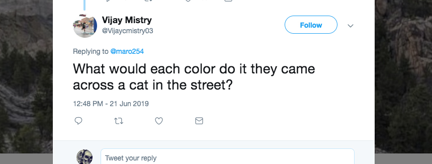Q: What would each color do if they came across a cat in the street?