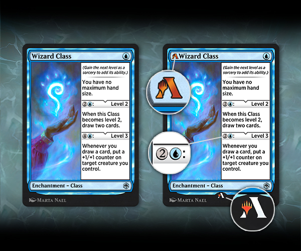 Wizard Class enchantment card plus annotated rebalanced Alchemy version showing changes and foil stamp