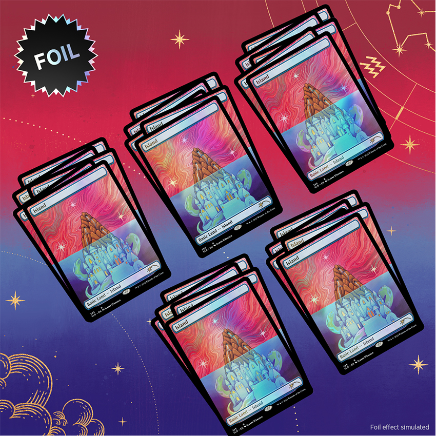 Bundle foil de The Astrology Lands: Aquarius con una insignia foil que muestra cinco conjuntos de cinco tierras básicas de Isla