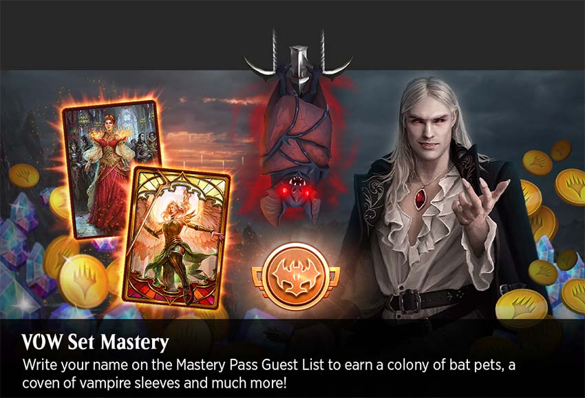 MTG Arena Mastery Pass main image featuring Sorin the Mirthless avatar; black bat pet; and Chandra, Dressed to Kill and Sigarda's Summons card sleeves