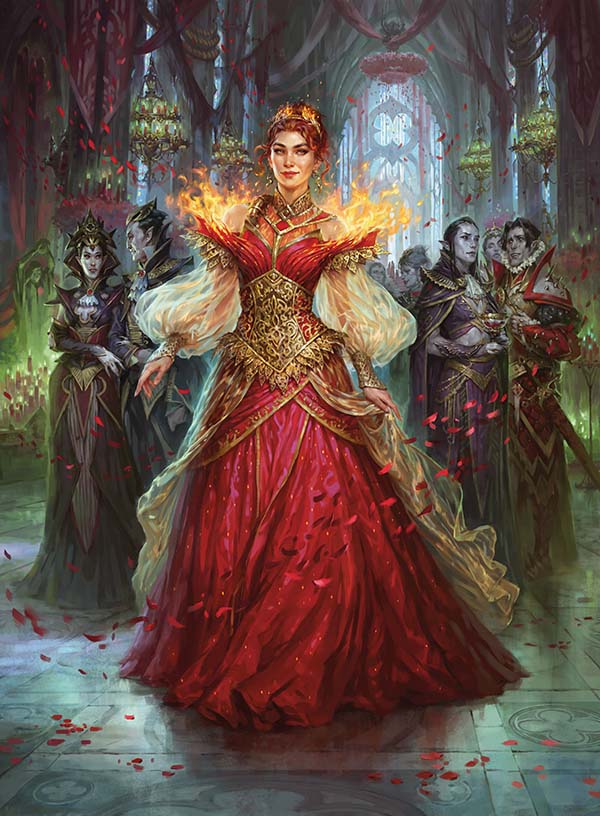 Booster Fun alternate art of Chandra in her fancy gown among gawping vampires