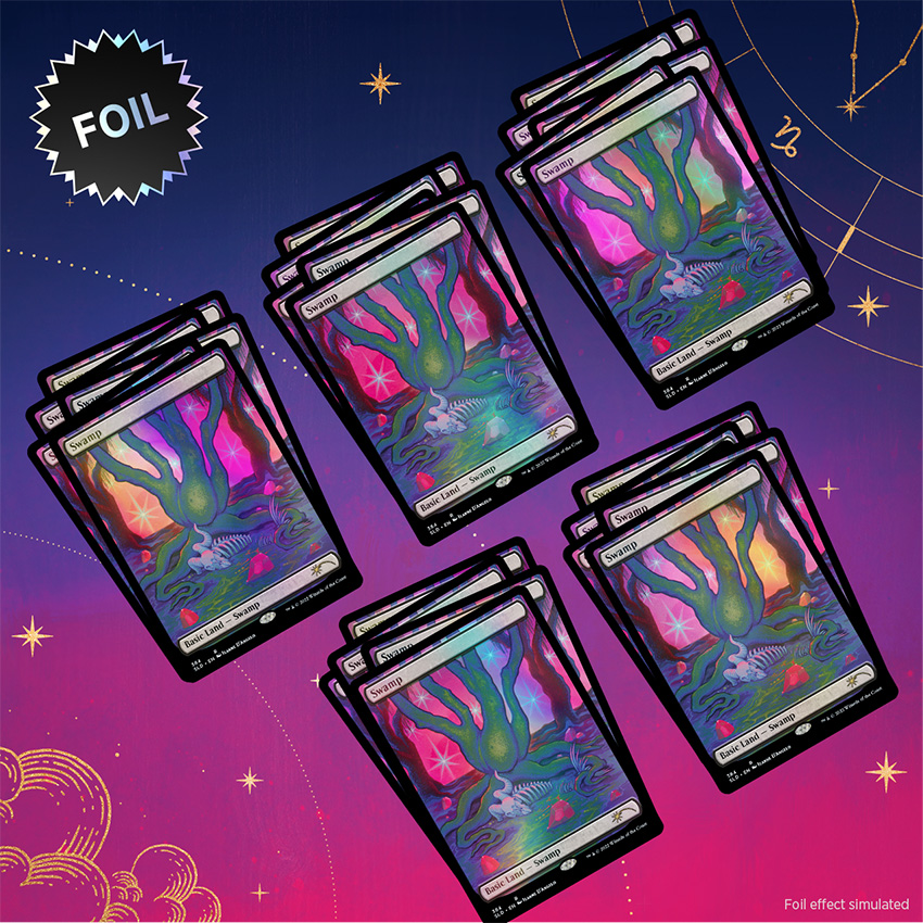 Le bundle The Astrology Lands Foil avec un badge Foil, présentant cinq séries de cinq terrains de base marais