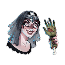 Gisa waving hello wielding a zombie hand sticker