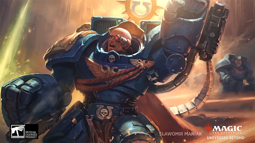 Warhammer 40,000 Space Marine card artwork universes beyond