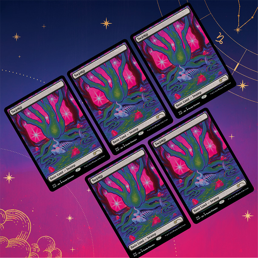 The Astrology Lands: Capricorn set showing five Swamp basic land cards