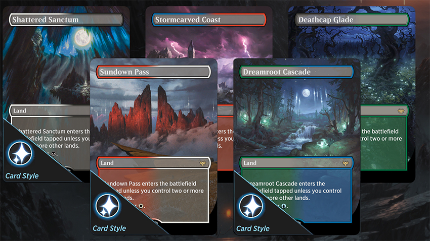 Five Innistrad: Crimson Vow dual lands borderless card styles