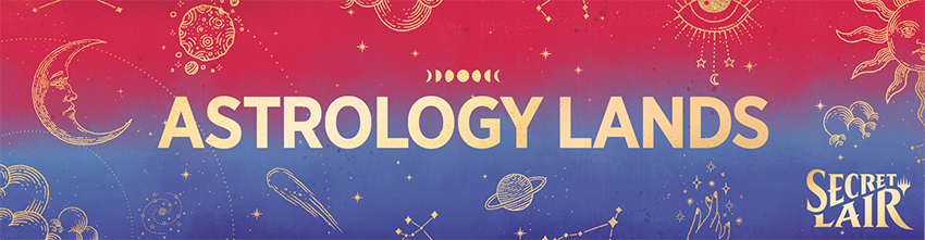 The Astrology Lands sur un fond rouge pourpre avec des symboles astrologiques comme des lunes, des comètes, des soleils, des planètes, des mains et des yeux