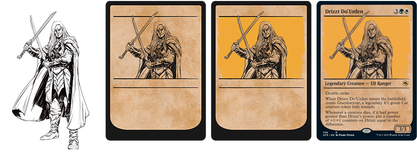 Art progression of Drizzt Do'Urden rulebook art card