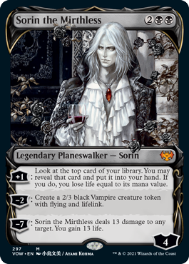 Sorin the Mirthless with showcase fang frame and art by Ayami Kojima