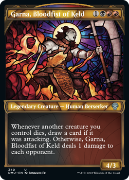 Garna, Bloodfist of Keld textured-foil showcase stained glass