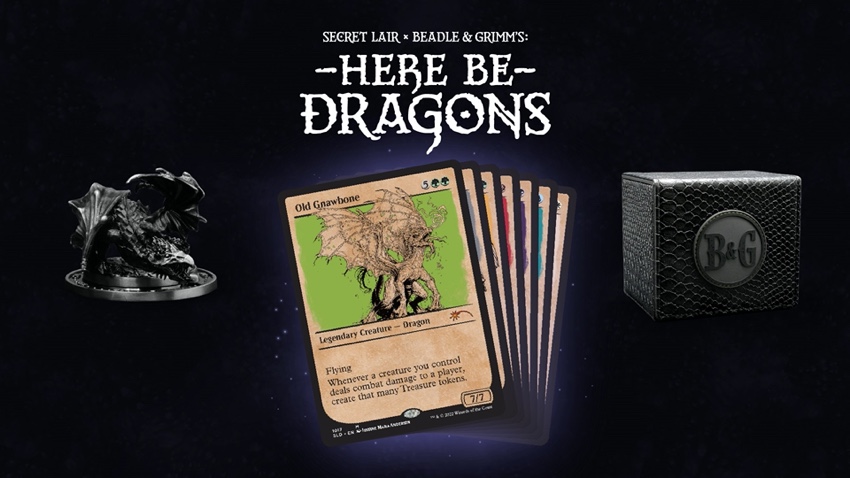 Here Be Dragons Secret Lair x Beadle & Grimm's drop showing Old Gnawbone Dragon card in rulebook treatment, B&G box, and metal dragon figurine life counter