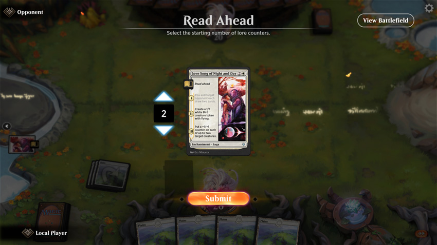 MTG Arena battlefield showing the read ahead functionality with chapter selection