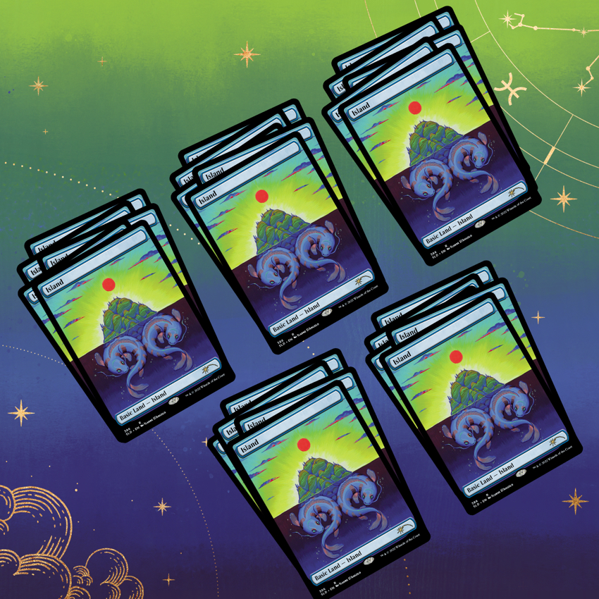 The Astrology Lands: Pisces non-foil bundle showing five sets of five Island basic land cards