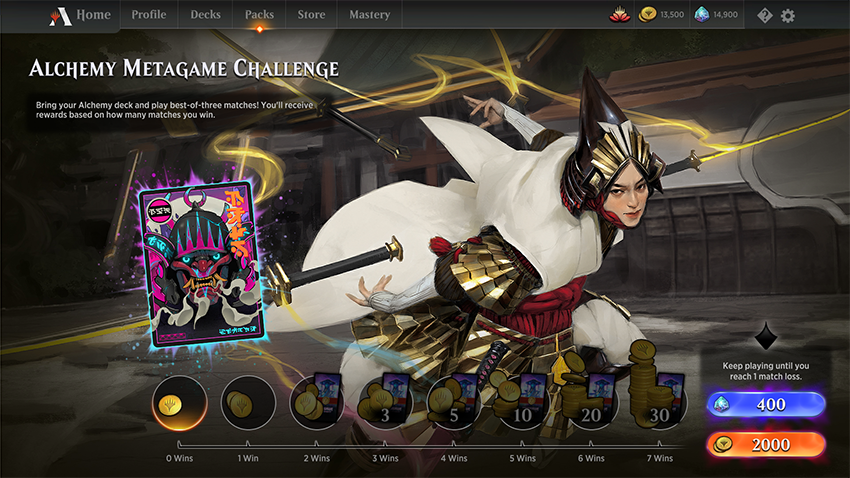 Alchemy Metagame Challenge event splash screen showing a sprinting woman surrounded by four flying katanas