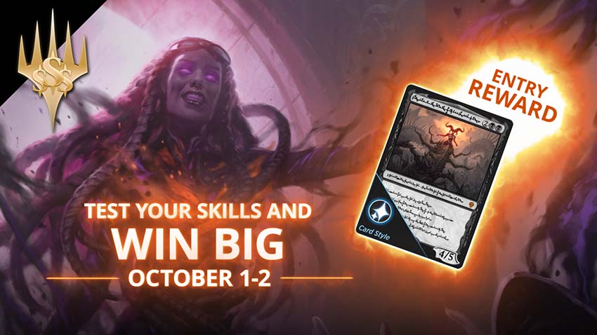 Arena Open October 1–2 with entry reward Phyrexian card style of Sheoldred, the Apocalypse