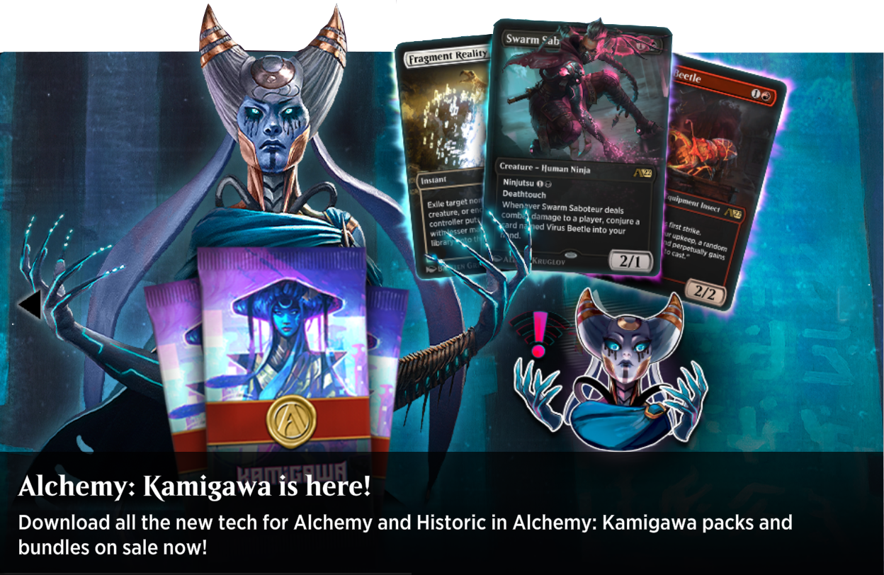 MTG Arena image showing Pyrexianized Tamiyo, packs, three cards from Alchemy: Kamigawa, and a Tamiyo sticker