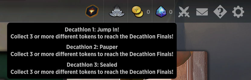 Arena Decathlon token icon in MTG Arena that is selected to display the events the player has earned tokens for