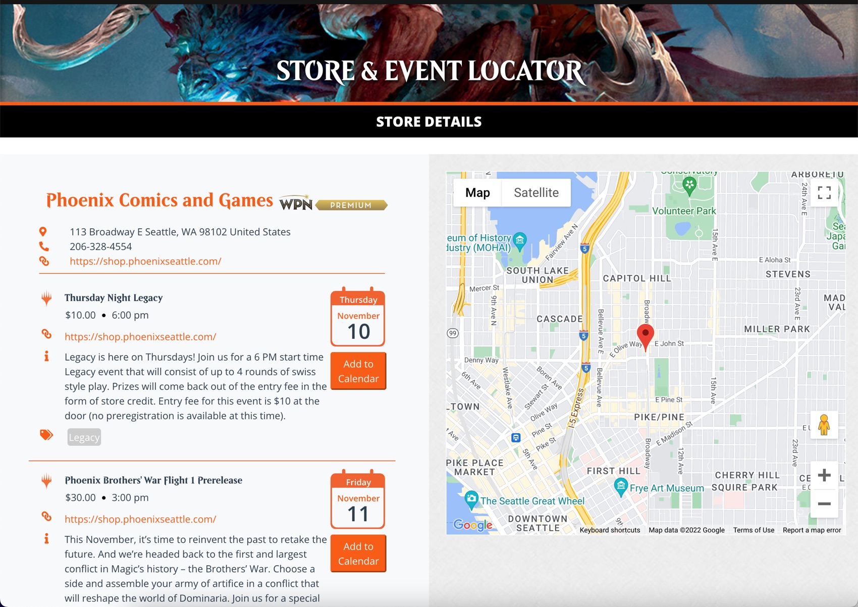 Locator desktop showing store details with name, address, phone number and buttons for View All Events and Store Website