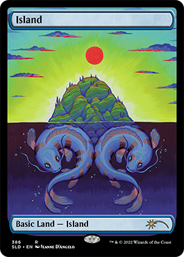Carta de tierra de Isla de The Astrology Lands: Pisces que muestra dos peces azules nadando bajo una isla repleta de vegetación, con un sol rojo y un cielo de tonalidad verde