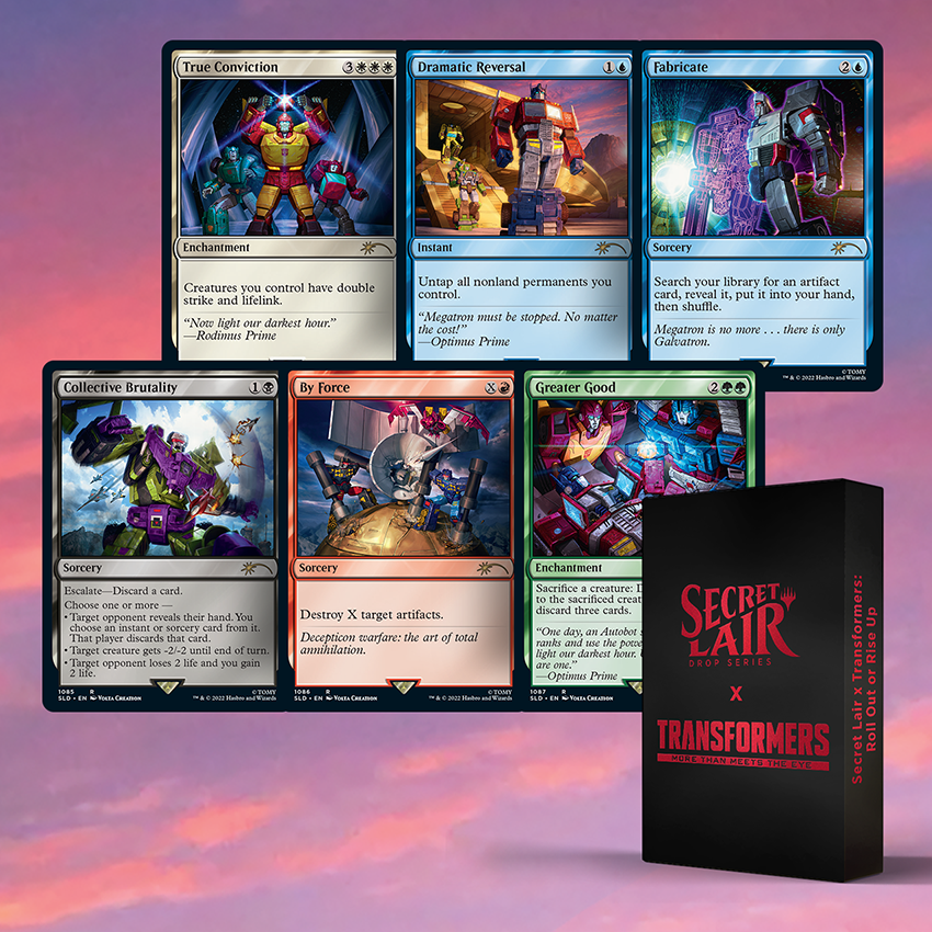 Secret Lair Transformers: Roll Out or Rise Up box and cards