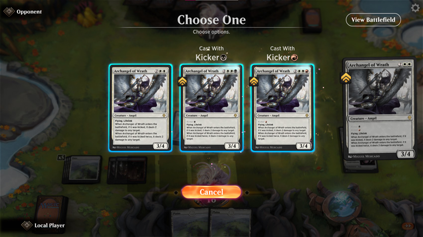 MTG Arena battlefield showing kicker options for Archangel of Wrath