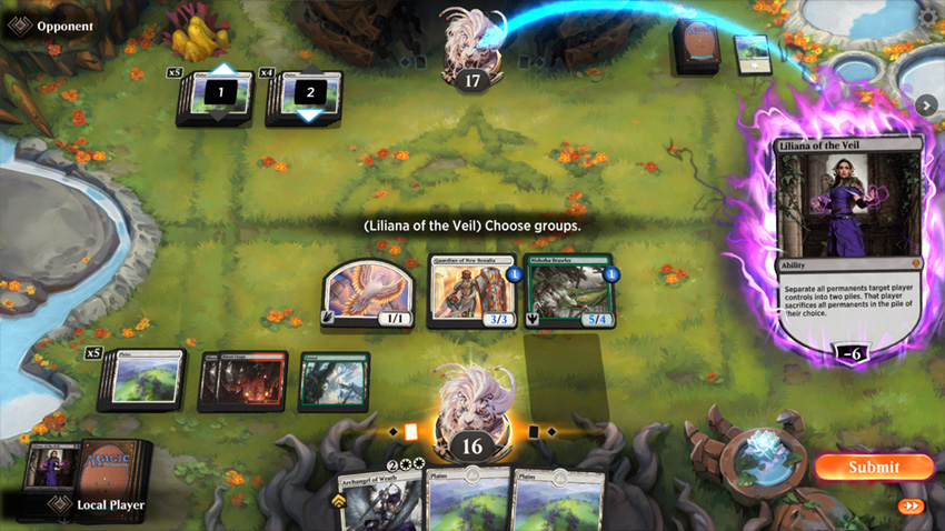 MTG Arena battlefield showing Liliana of the Veil card using its -6 ability