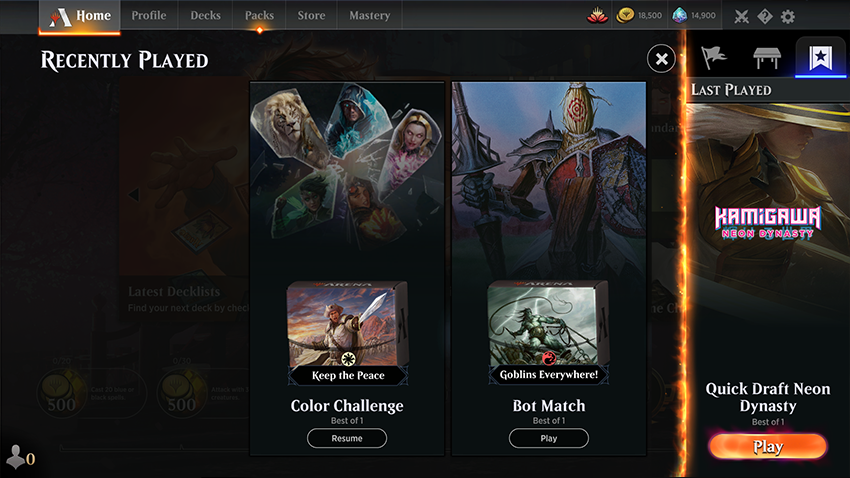 Last Played play blade in MTG Arena client