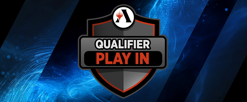 Schild-Logo der Qualifier-Play-Ins vor einem Hintergrund mit blauen Funken