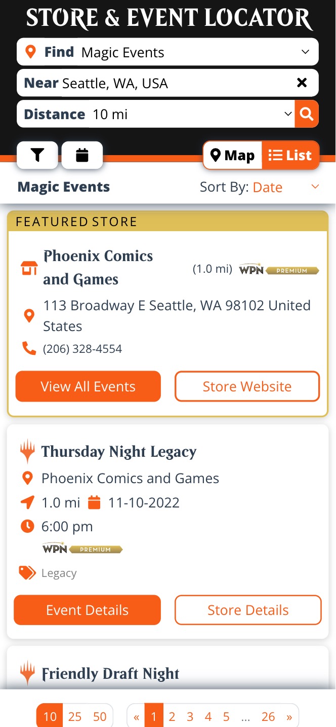 Wizards of the Coast Locator on mobile list