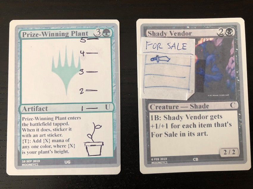 Examples of Unfinity playtest cards Prize-Winning Plant and Shady Vendor