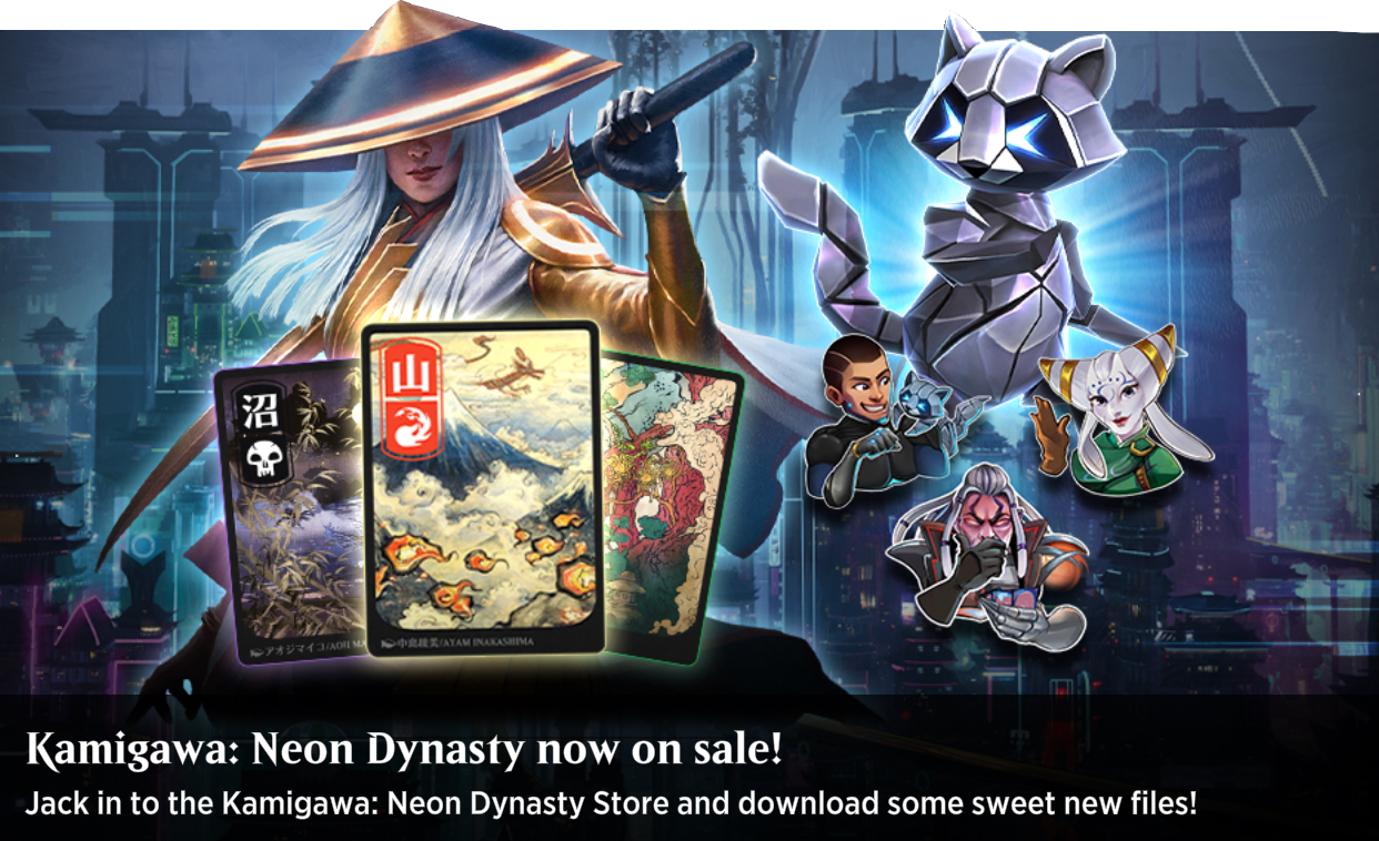 Kamigawa: Neon Dynasty splash image featuring The Wandering Emperor, avatars, pet, and ukiyo-e lands