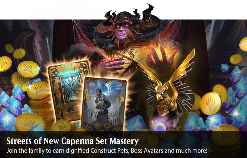 MTG Arena Set Mastery for Streets of New Capenna showing card sleeves, gold, gems, and Ob Nixilis