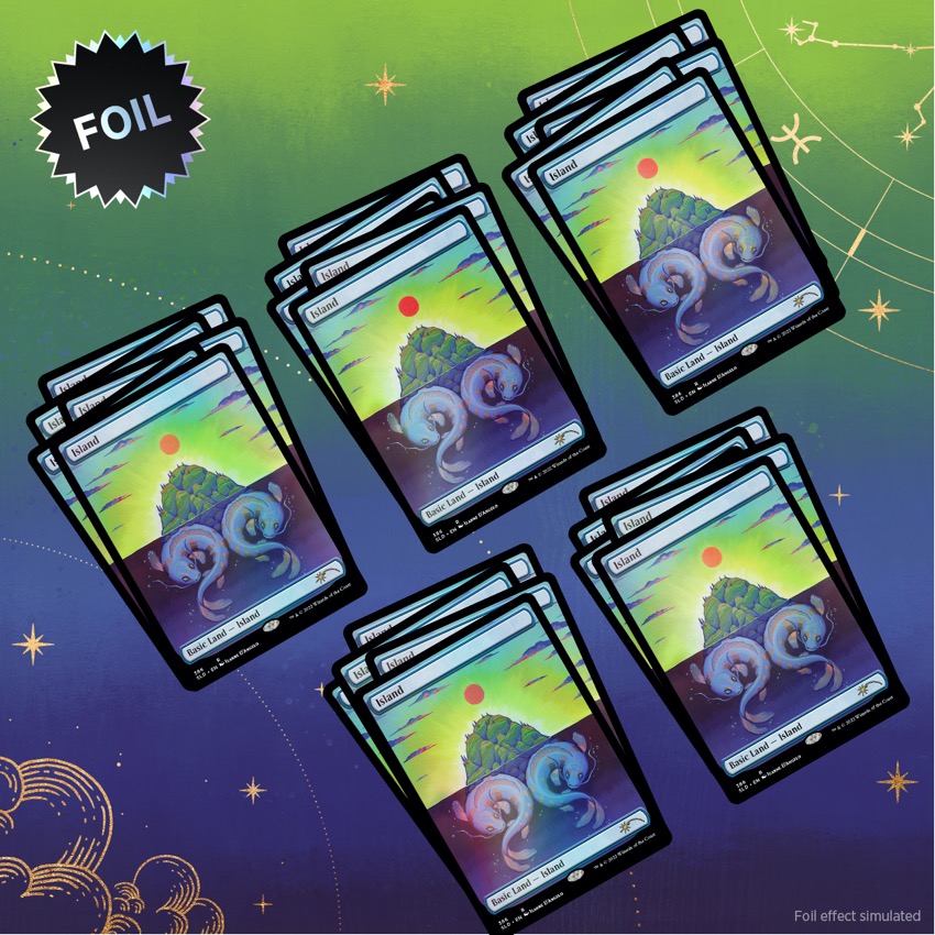 The Astrology Lands: Pisces foil bundle with foil badge, showing five sets of five Island basic land cards