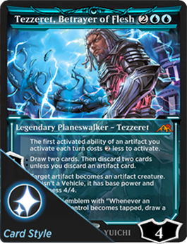 Neon blue soft glow treatment on the Tezzeret, Betrayer of Flesh card
