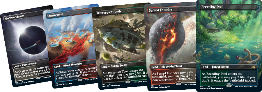Le carte di MTG Godless Shrine, Steam Vents, Overgrown Tomb, Sacred Foundry, and Breeding Pool