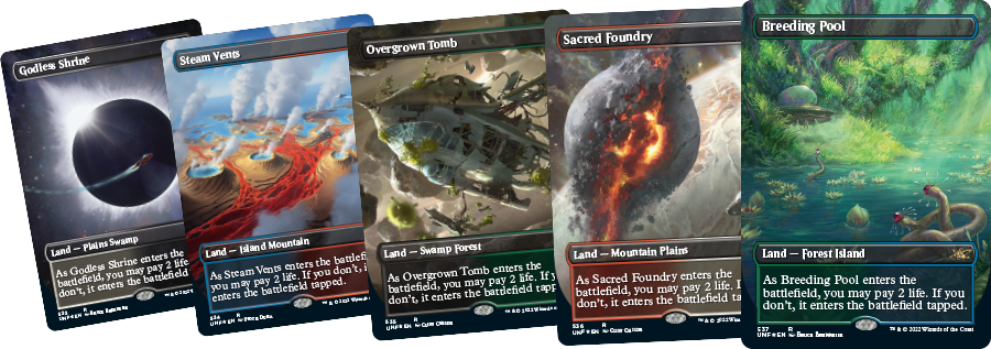 Cartas de MTG Godless Shrine, Steam Vents, Overgrown Tomb, Sacred Foundry y Breeding Pool