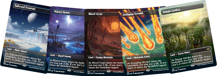 Le carte di MTG Hallowed Fountain, Watery Grave, Blood Crypt, Stomping Ground, and Temple Garden