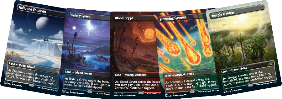 Die MTG-Karten Hallowed Fountain, Watery Grave, Blood Crypt, Stomping Ground und Temple Garden