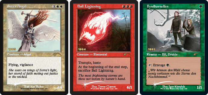 Magic: The Gathering 30th Anniversary retro frame Promo Cards Serra Angel, Ball Lightning, and Fyndhorn Elves