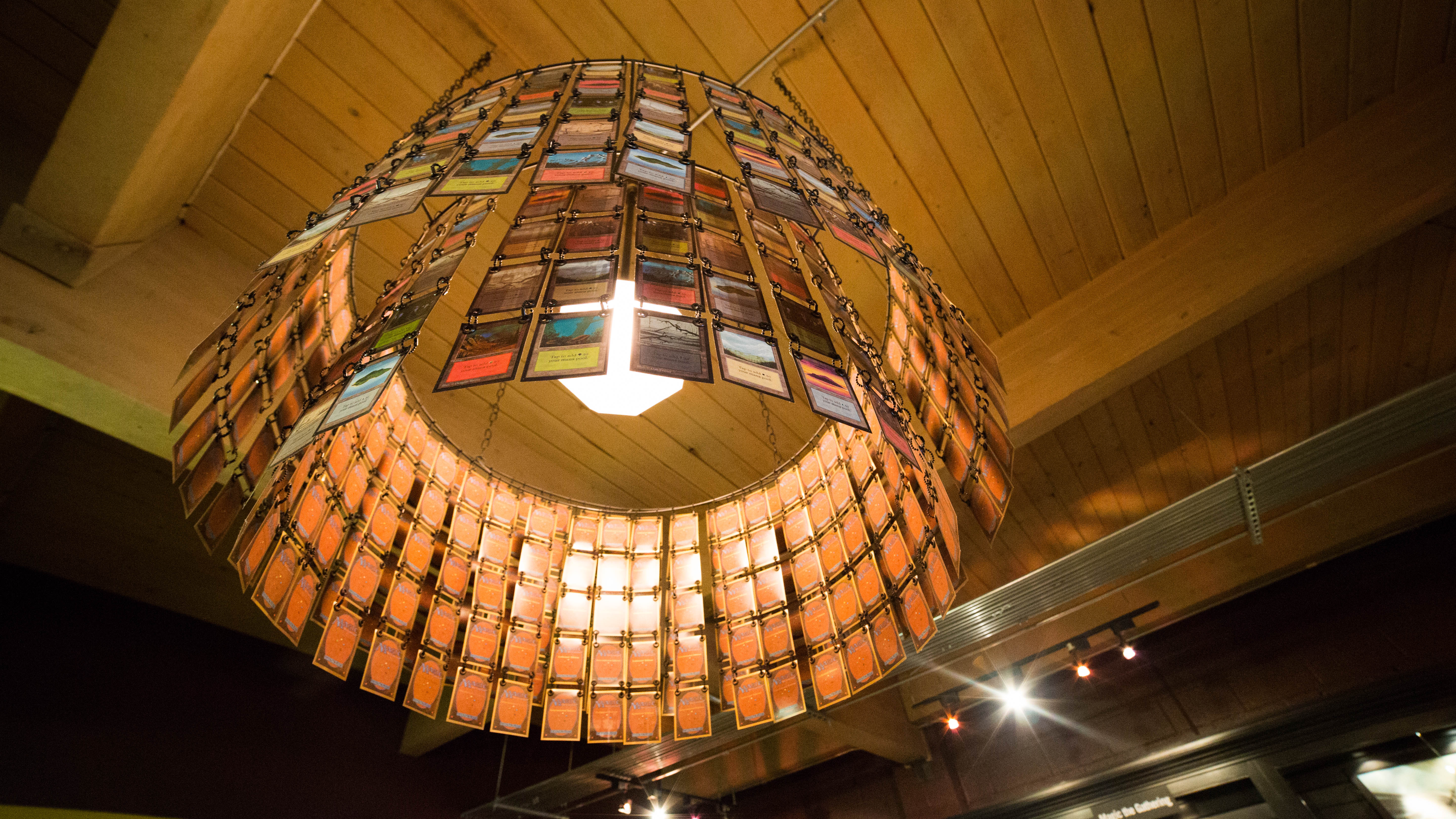 image of chandelier made of Magic cards taken from below