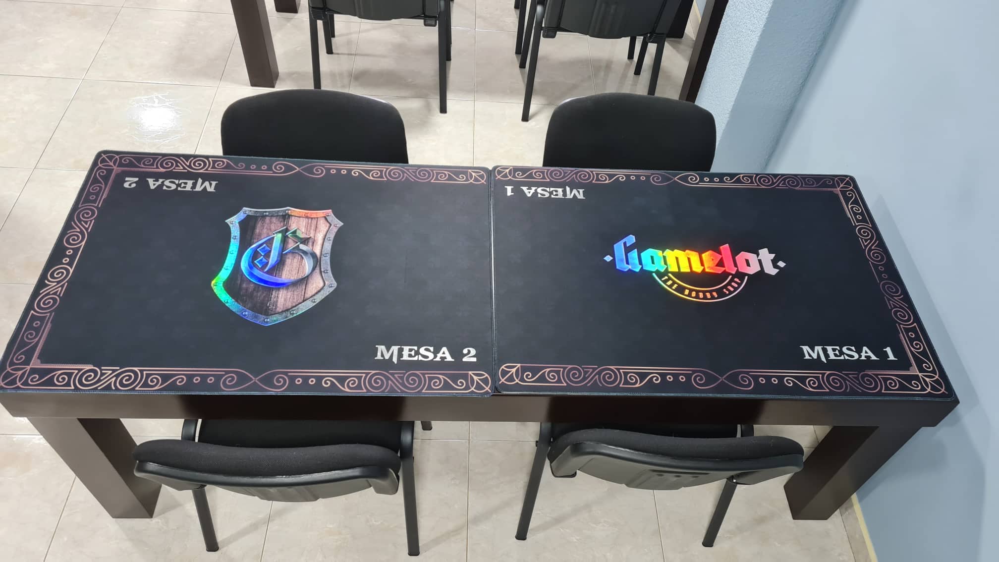 foil printed playmats with table numbers and Gamelot store logo