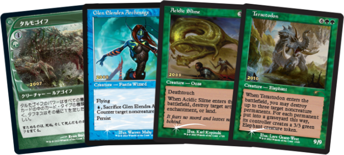 Tarmogoyf (Japanese language), Glen Elendra Archmage, Acidic Slime, and Terastodon