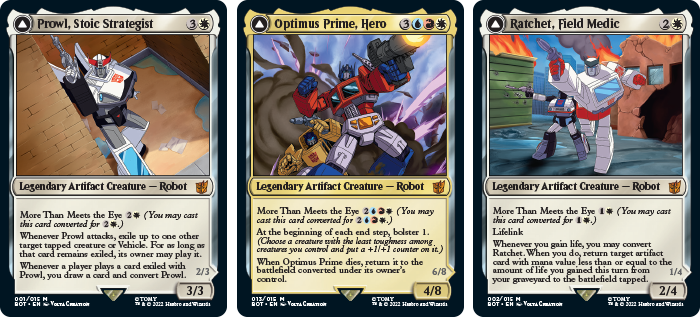 0001a_MTGBRO Prowl, Stoic Strategist; 0013a_MTGBRO Optimus Prime, Hero; 0002a_MTGBRO Ratchet, Field Medic