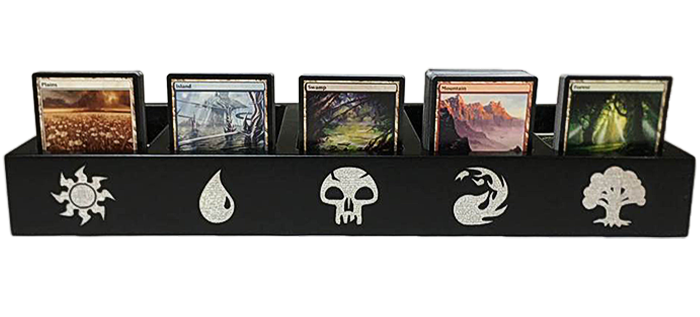engraved wooden Magic: The Gathering land station