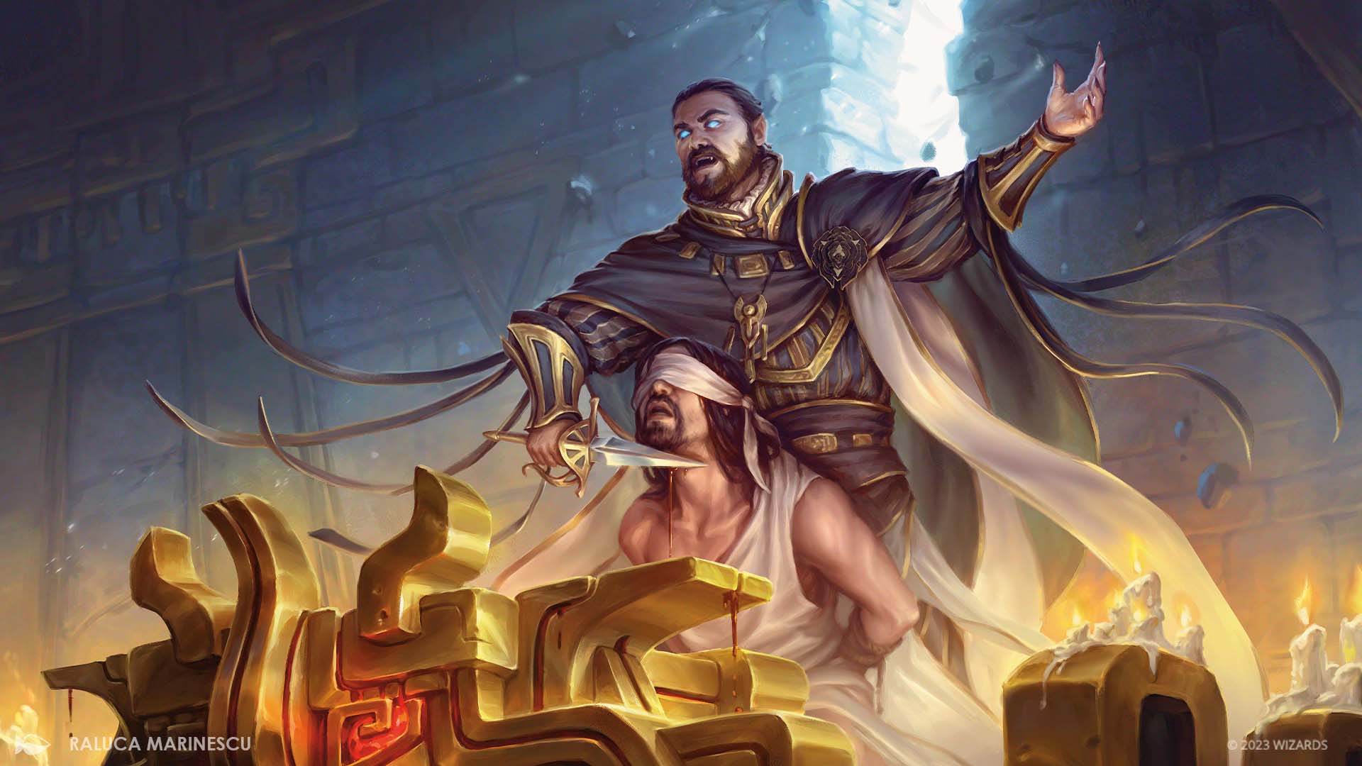 Fanatical Offering card art featuring Vito sacrificing a porter to open the temple door