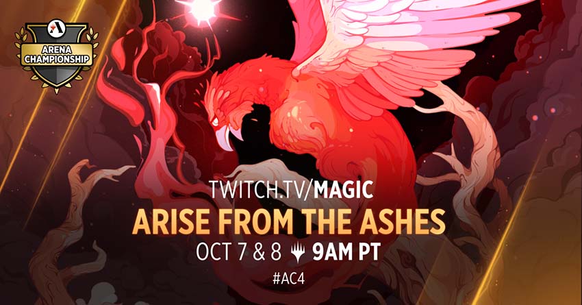 A fiery phoenix flies upward with the text across twitch.tv/magic Arise from the Ashes October 7 and 8 at 9 a.m. PT